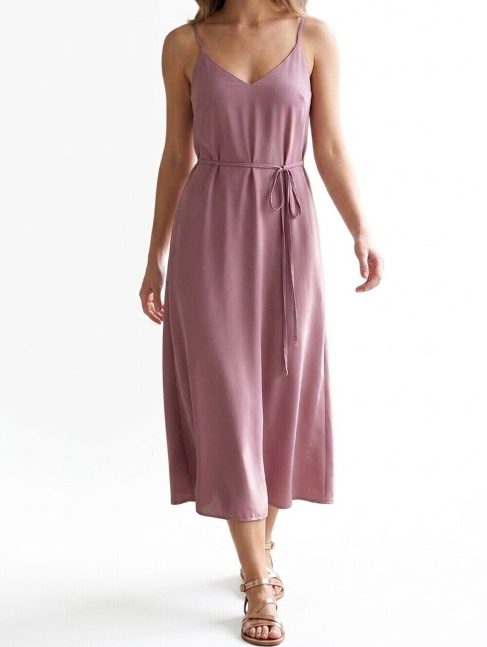 Lulus Breezy Mauve Dusty Rose​ V-Neck Chiffon Tie Waist Midi Dress, Small, NWT